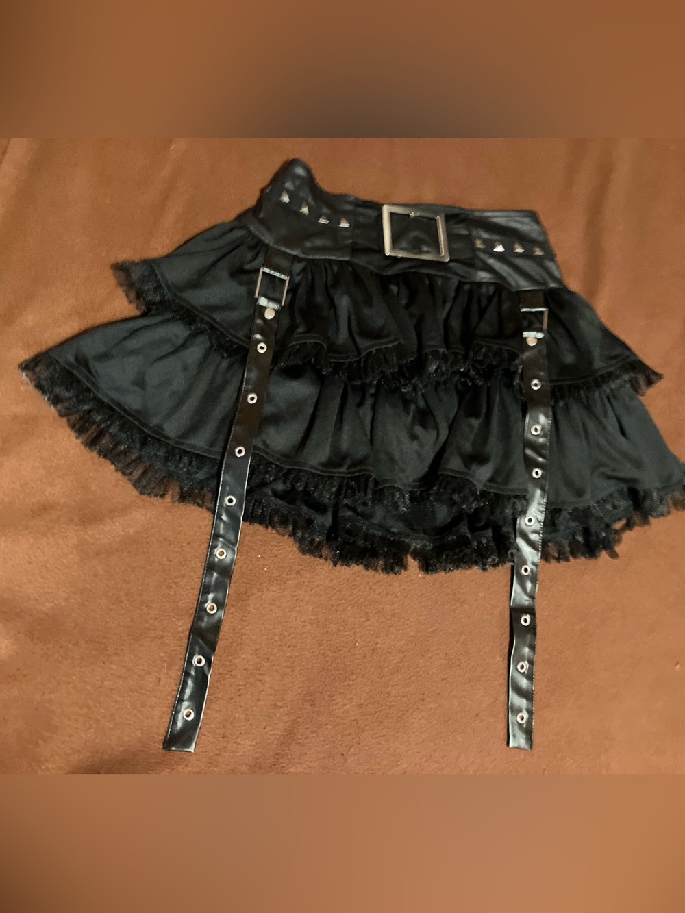 Hand altered Black Ruffled Gothic Mini Skirt with Buckle and Straps
